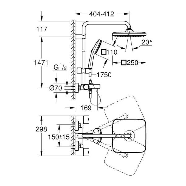 Grohe Tempesta System 250 Cube Duvara Monte Termostatik Bataryalı Duş Sistemi Krom 26691001 - 2