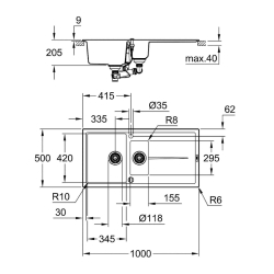 Grohe K400 Kuvars Kompozit Eviye 60-C 1,5 Hazneli 100 cm Siyah Granit 31642AP0 - 3