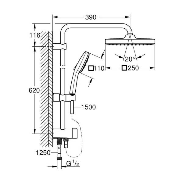 Grohe Tempesta System 250 Cube Duvar Bağlantılı Divertörlü Duş Sistemi 26977001 - 5